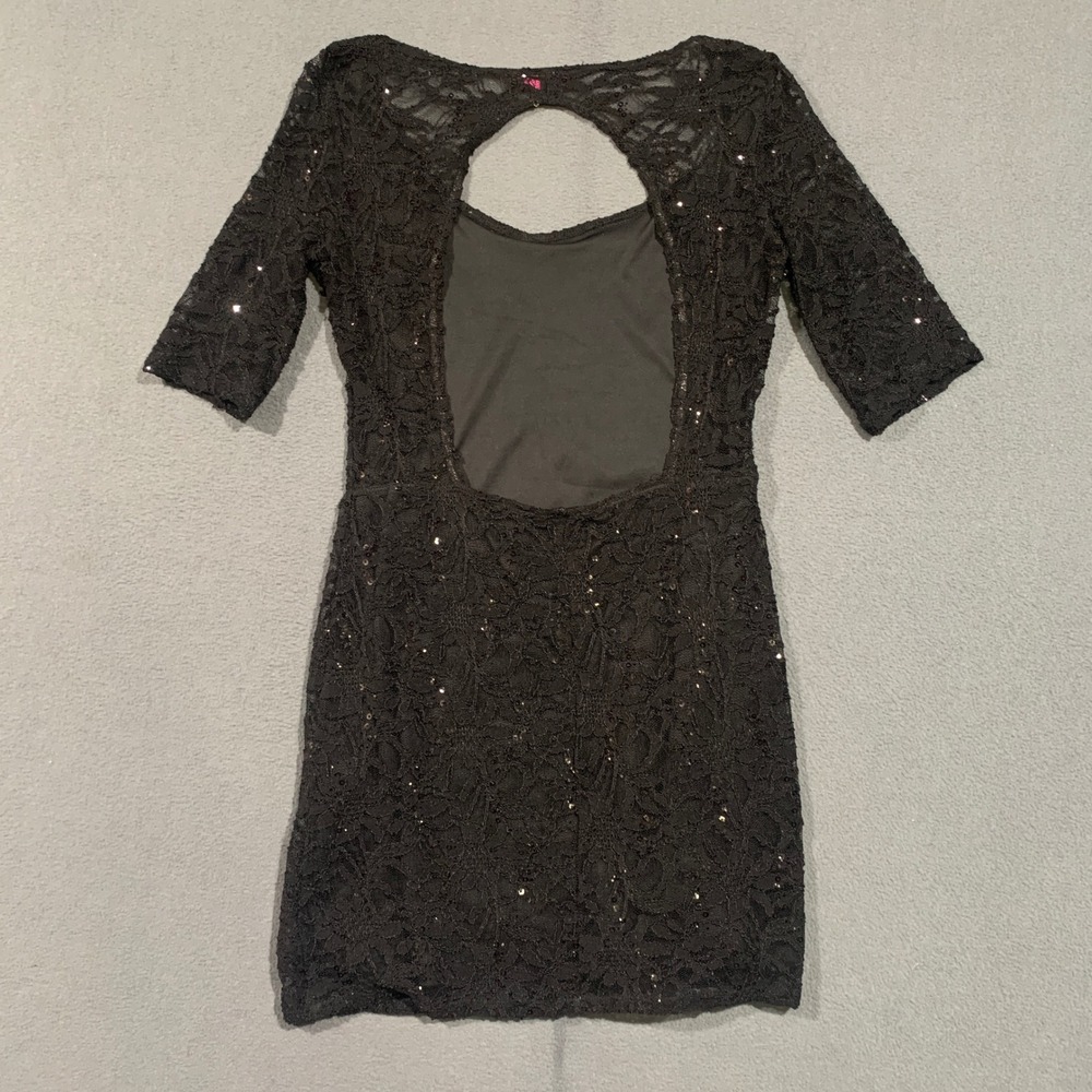 Reign On LBD Black Lace Sequin Open Back Bodycon Mini Dress Womens Large 45794JC - Picture 6 of 6